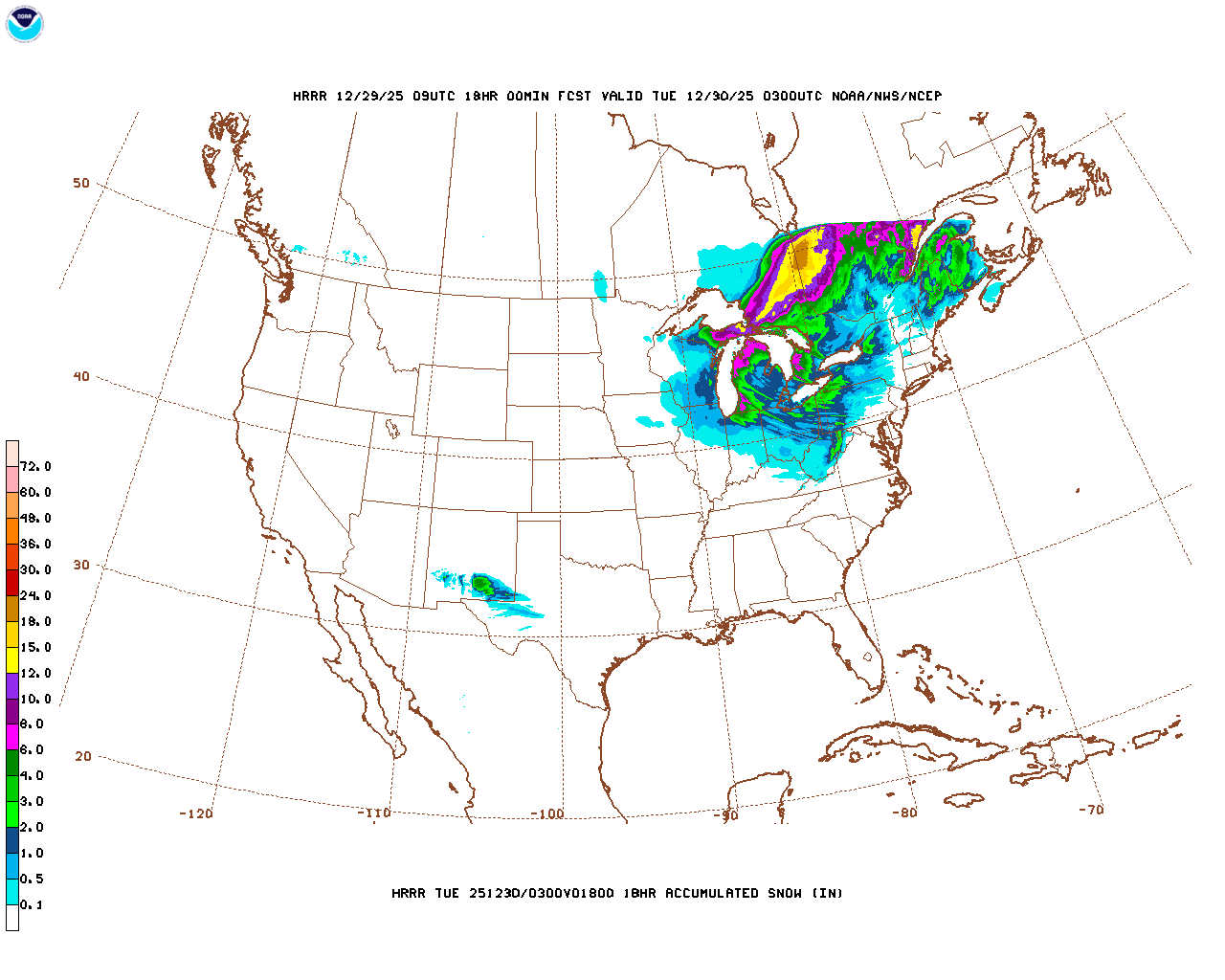 Click to enlarge the hourly snow forecast Latest 18 hour total precipitation forecast
