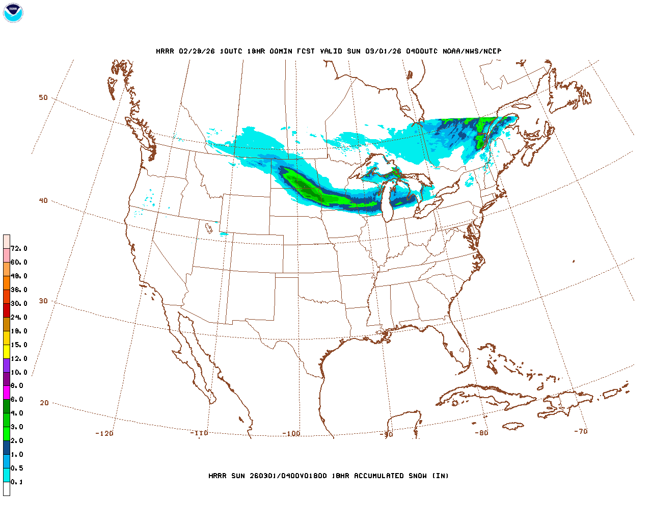 Click to enlarge the hourly snow forecast Latest 18 hour total precipitation forecast