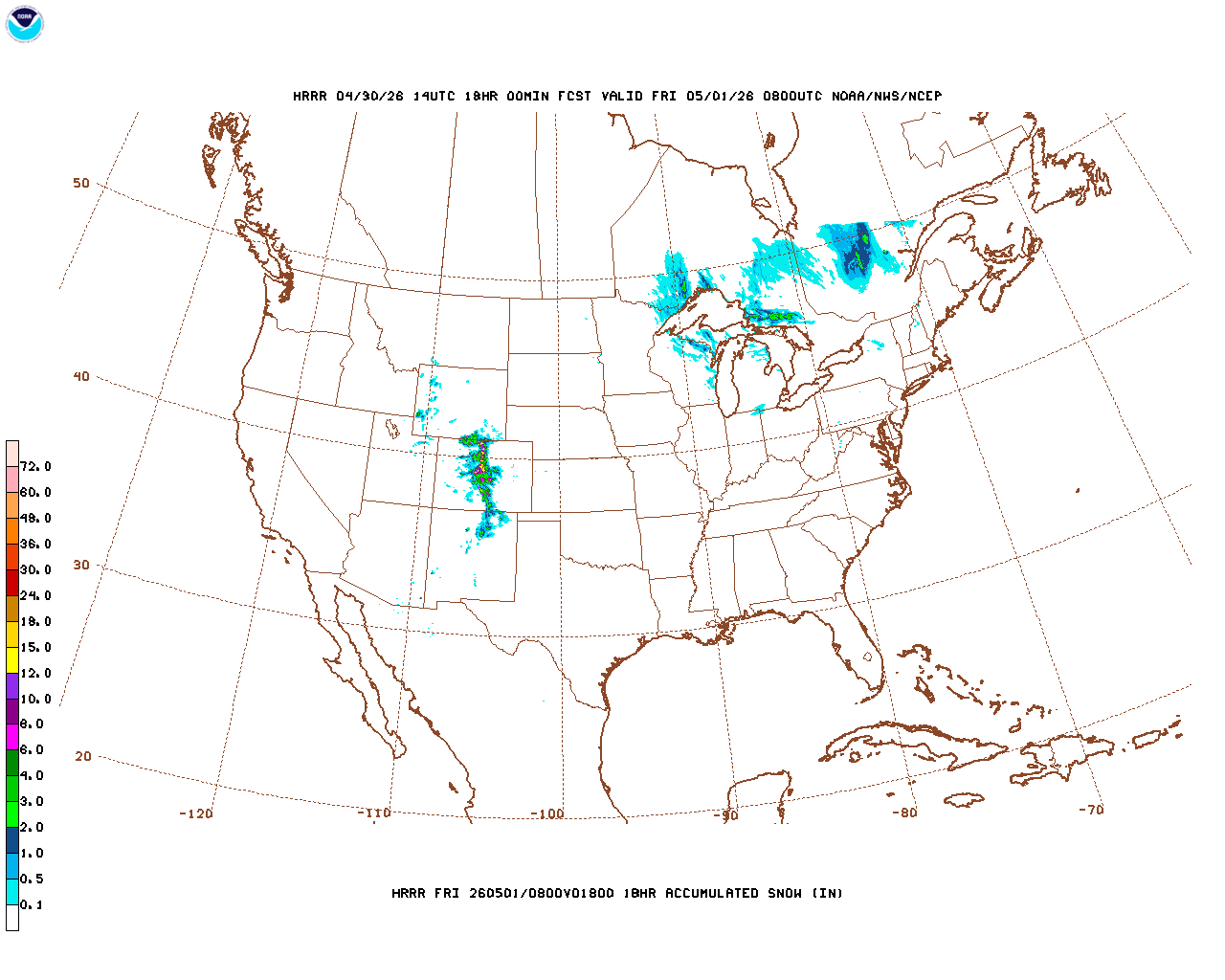 Click to enlarge the hourly snow forecast Latest 18 hour total precipitation forecast